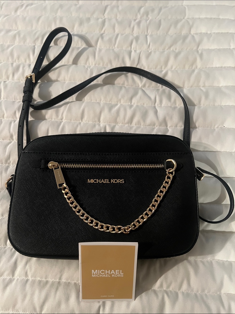 Michael Kors Black Leather Crossbody with Gold Chain Detail